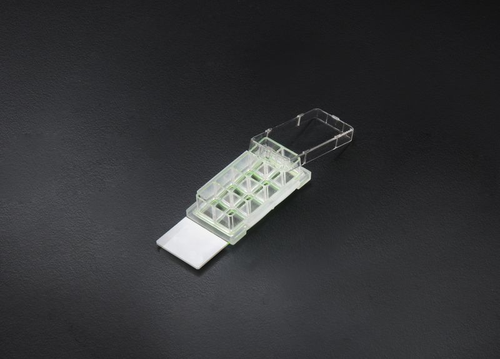 An 8-well clear plastic cell culture chamber slide with a glass base, viewed from above at an angle.