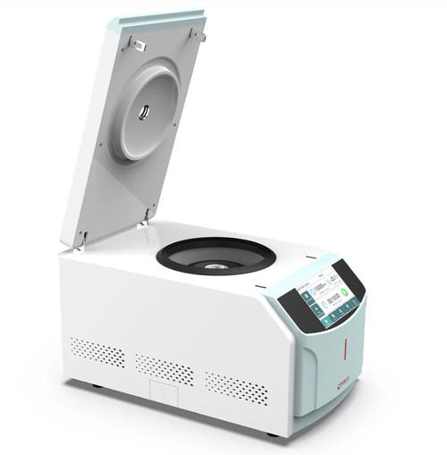 White 4E's high-speed refrigerated centrifuge with open lid and 5-inch touchscreen control panel.
