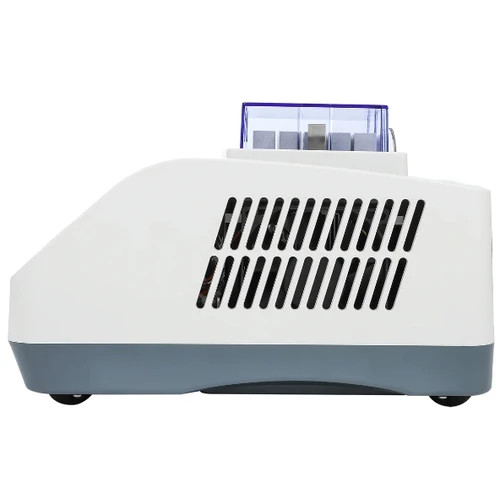 Side profile of white and grey 4E's thermo mixer with vents and a purple-tinted sample block cover.