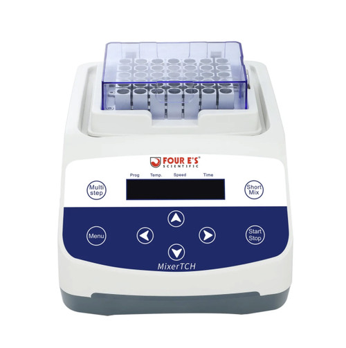 Front view of a 4E'S Scientific thermo mixer with a block and clear cover on a white background.