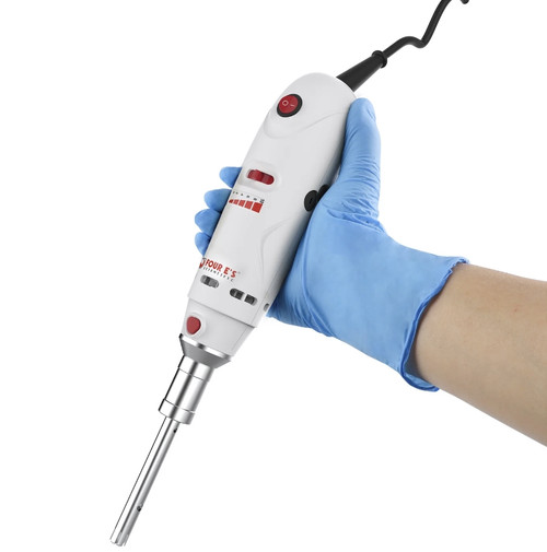 Gloved hand holding a white 4E's handheld homogenizer with a stainless steel probe.