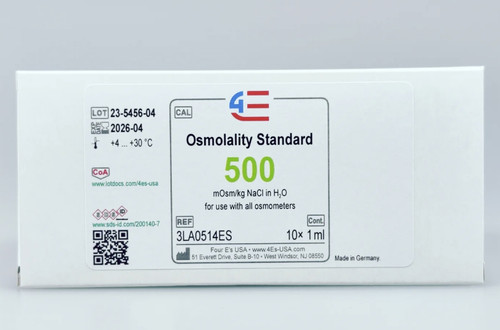 A white box of 4E's 500 mOsm/kg osmolality standard featuring a product label with lot and expiration details.