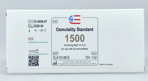 White box of 4E's 1500 mOsm/kg osmolality standard featuring a label with lot and expiration info.