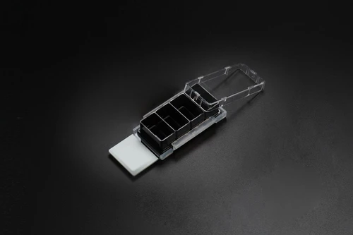 NEST 4-well cell culture chamber slide with black walls and a clear flip-top lid on glass.