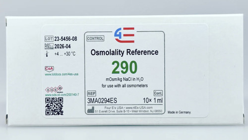 White box of 4E's Osmolality Reference 290 mOsm/kg NaCl in H2O with control and product details on front label.