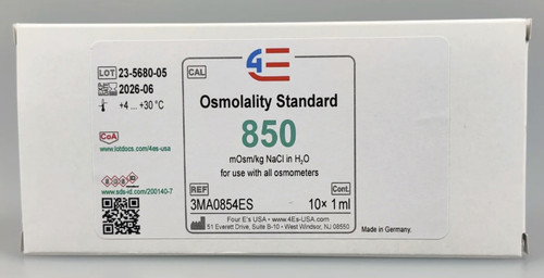 Front view of a white box of 4E's 850 mOsm/kg osmolality calibration standard.