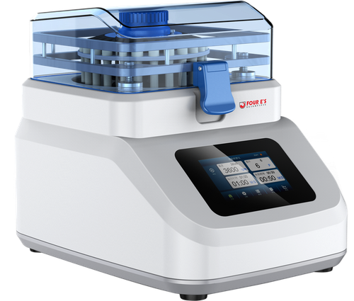 White and blue 4E's Scientific Bead Mill Homogenizer with clear lid and digital touchscreen.