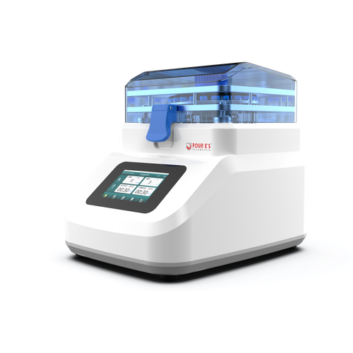 White 4E's Scientific bead mill homogenizer with blue accents and transparent lid, angled view against black.