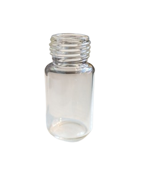 Clear glass 10mL headspace vial with round bottom and 18mm threaded neck, shown upright.