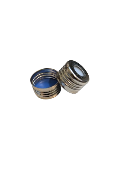 Two silver magnetic screw caps with 8mm open tops and white pre-fitted septa.