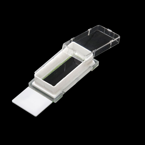 NEST 1-well cell culture chamber slide with white frame, glass base, and open clear plastic lid.