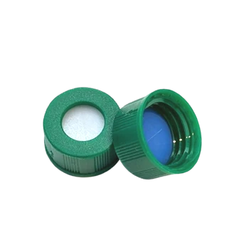 Two green 9-425 autosampler vial caps with white pre-slit PTFE/silicone septa, shown from top and inside angles.