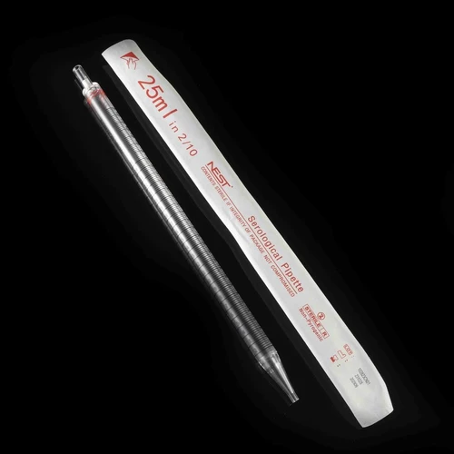 An unwrapped transparent 25ml serological pipette alongside its white paper-plastic peel package.