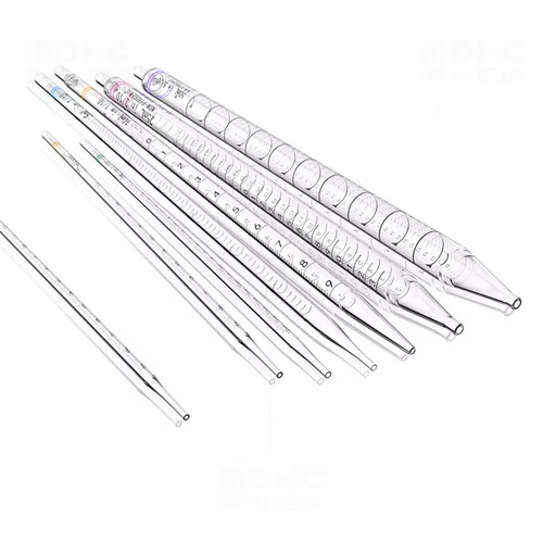 Several clear plastic serological pipettes with color-coded volumetric graduations.