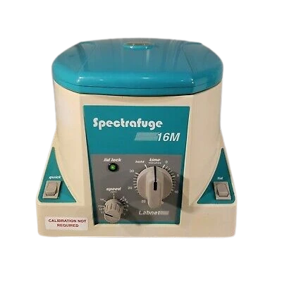 Labnet Spectrafuge 16M microcentrifuge in teal and off-white with front control dials and lid.