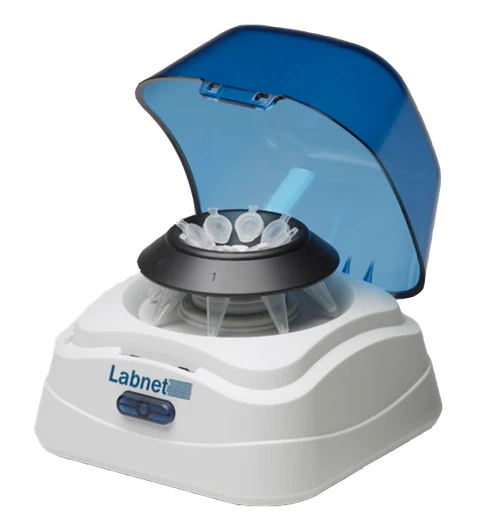 Labnet mini microcentrifuge with white base, black rotor loaded with tubes, and a transparent blue lid.