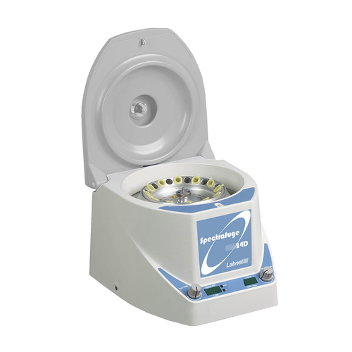 Labnet Spectrafuge 24D microcentrifuge in gray, angled front view with open lid and loaded rotor.