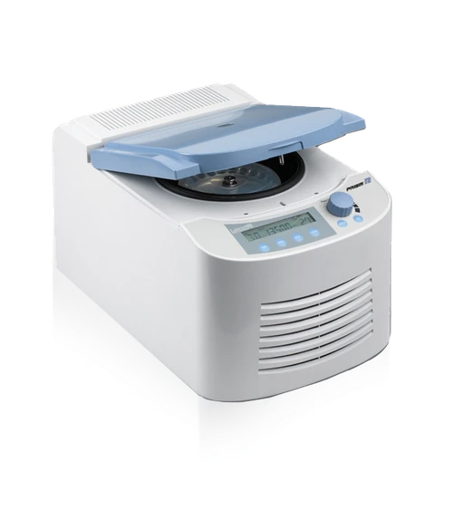 Labnet Prism R refrigerated microcentrifuge in white and light blue, shown angled with its lid open.