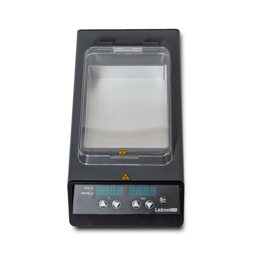 Labnet digital dry bath in dark gray with a clear lid, dual display, and control panel.