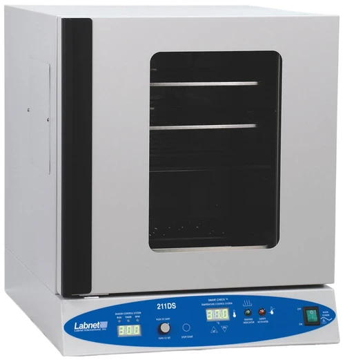 Labnet 211DS shaking incubator with digital display, glass door, and internal shelves on a white base.
