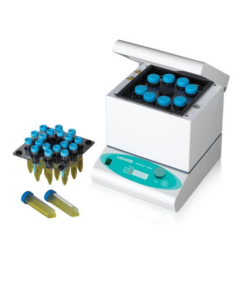 White Labnet VorTemp 1550 shaking incubator with open lid, tube rack with yellow liquid, and loose tubes.