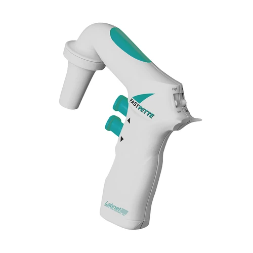 Labnet FastPette pipet controller in white with teal accents and two control buttons.