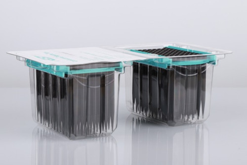 Two blister packs of black conductive robotic filter tips in clear plastic trays, with teal accents.
