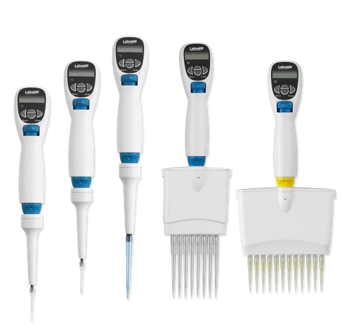 Five Labnet Excel electronic pipettors ranging from single to multi-channel configurations on a black background.