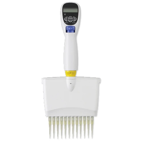 Labnet Excel electronic 12-channel pipettor with digital display and attached yellow tips against a white background.