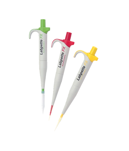 Three Labnet Labpette FX fixed volume pipettors in green, red, and yellow on black.