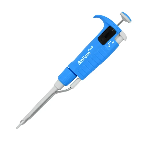 Labnet BioPette Plus single-channel manual pipettor with blue body and tip attached on white background.