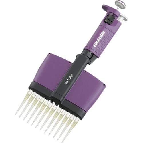Labnet BioPette A 12-channel purple and black pipettor with 20-200uL tips attached, viewed from an angle.