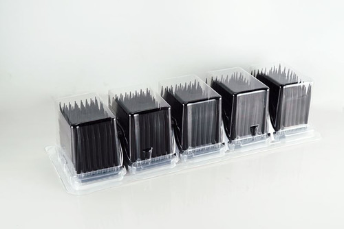 Five packs of black robotic filter tips in clear plastic blister packaging on a white surface.