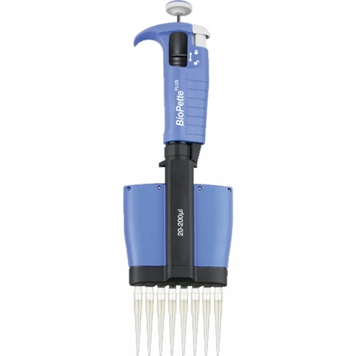 Labnet BioPette Plus 8-channel 20-200uL blue multi-channel pipettor with attached tips against a white background.
