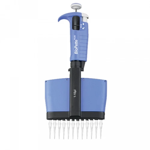 Blue Labnet BioPette Plus 12-channel pipettor with fitted tips, viewed from the front.