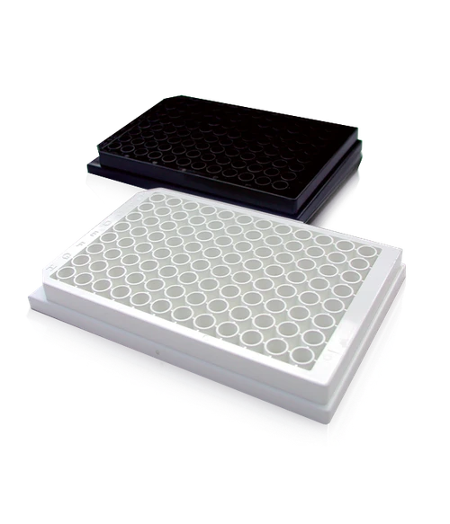 Two Labnet Krystal microplates angled on black: one white opaque and one black opaque.