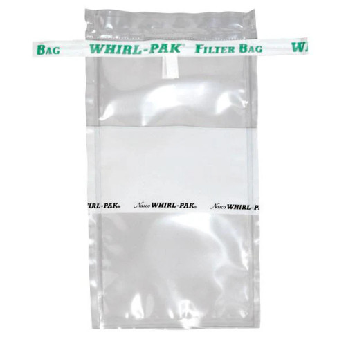 Clear plastic Whirl-Pak filter bag with a white write-on strip and pull-tab closure.