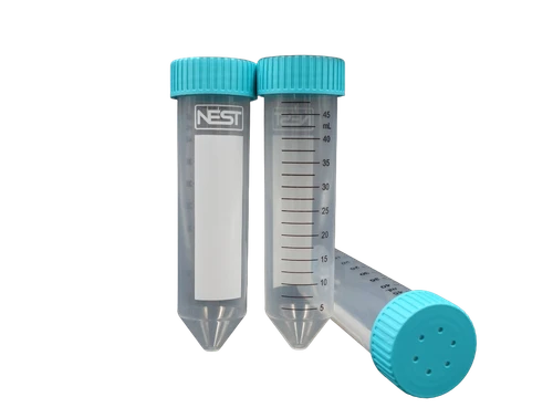 Three NEST 50ml clear plastic centrifuge tubes with teal caps, showing volume markings and a white label area.