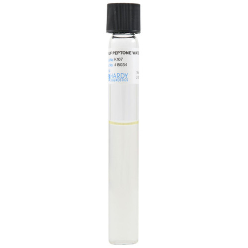 A glass test tube with a black cap, containing clear liquid, featuring a white Hardy Diagnostics label.