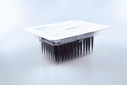 A box of black conductive pipette tips with a white paper lid on a white surface.