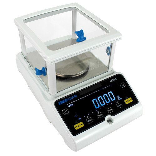 Adam Equipment Luna precision balance with glass draft shield, stainless steel pan, and blue digital display.