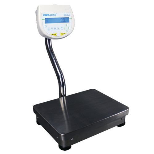 Adam Equipment Nimbus heavy-duty precision balance with stainless steel pan and digital display on a pillar.