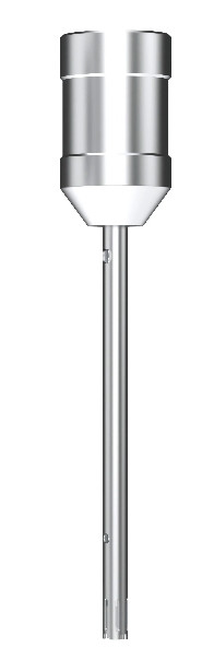 Silver 5mm rotor/stator homogenizer probe with a cylindrical top, tapered middle, and long narrow shaft.