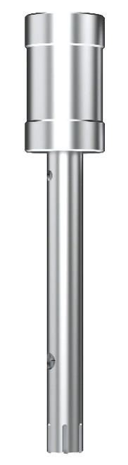 Metallic silver 10mm rotor stator probe with a cylindrical shaft, top housing, and a notched tip.