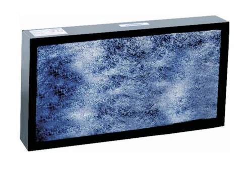 Angled view of an AirClean bonded carbon filter in a black rectangular frame with a textured blue-gray filtering surface.