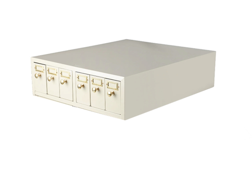 Beige metal slide storage cabinet with six small drawers and brass knobs, viewed at an angle.