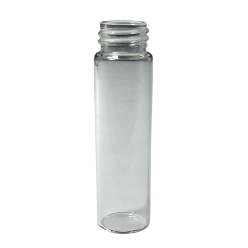 Clear glass 8ml vial with a 15-425 screw top neck against a black background.