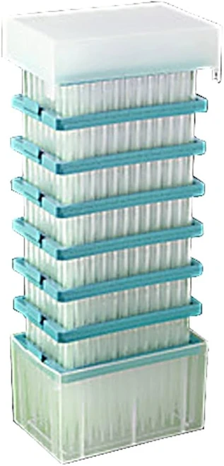 Stacked refill pack of clear, low-retention 1250ul pipette tips in blue trays.