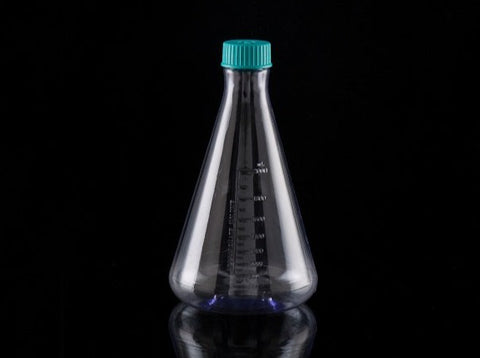 A 2L clear polycarbonate Erlenmeyer flask with a flat base and teal vent cap on a black background.
