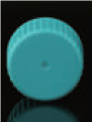 Teal plastic seal cap for laboratory flasks, viewed from the top showing a grooved edge and central dot.